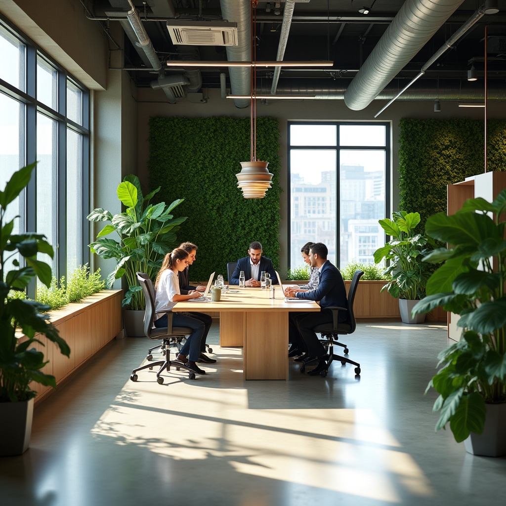 Modern biophilic office interior with integrated plant systems and natural light