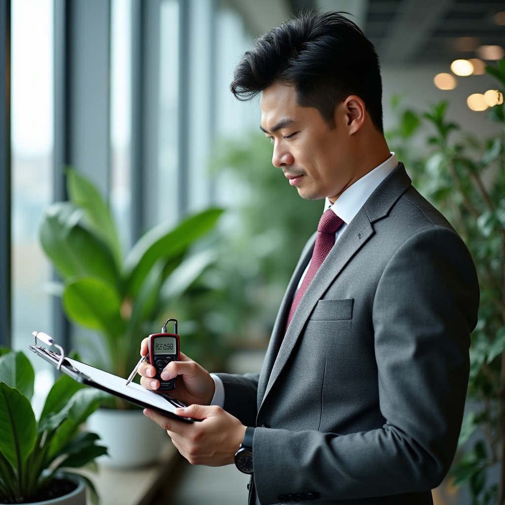 Professional measuring indoor environmental conditions with specialized equipment for plant assessment