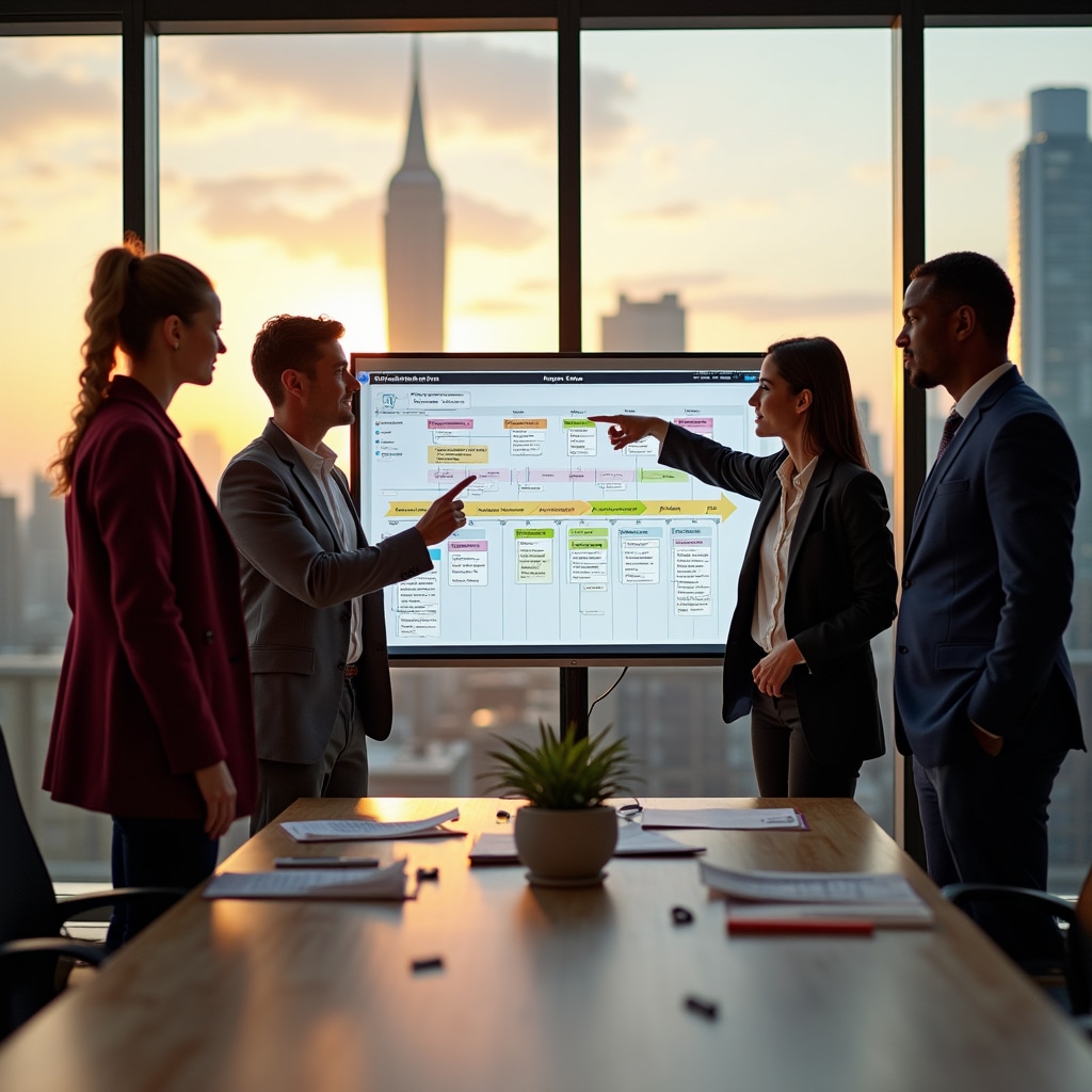 Business team reviewing phased plant integration timeline and implementation strategy