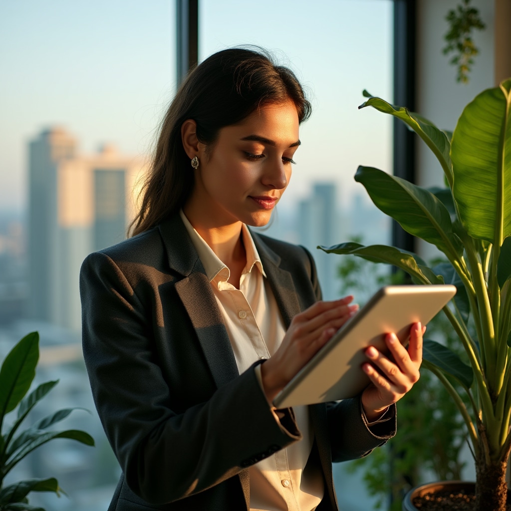 Professional conducting detailed plant health assessment in corporate office setting