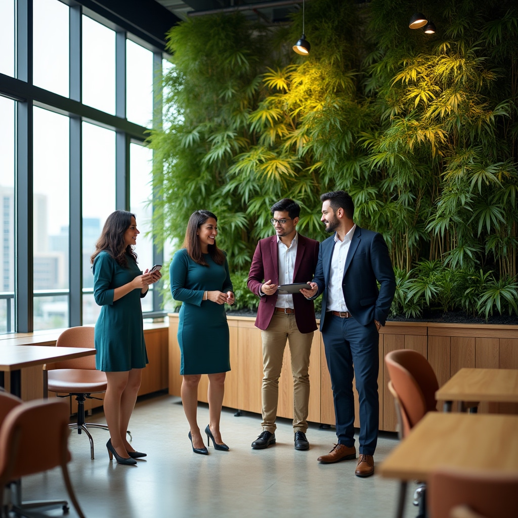 Collaborative workspace with strategic plant placement enhancing employee wellbeing